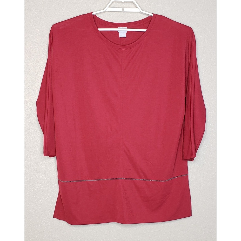 Chico's Women's Top 2 (Reg Large) Maroon L/S Round Neck Side Slit Tunic Blouse